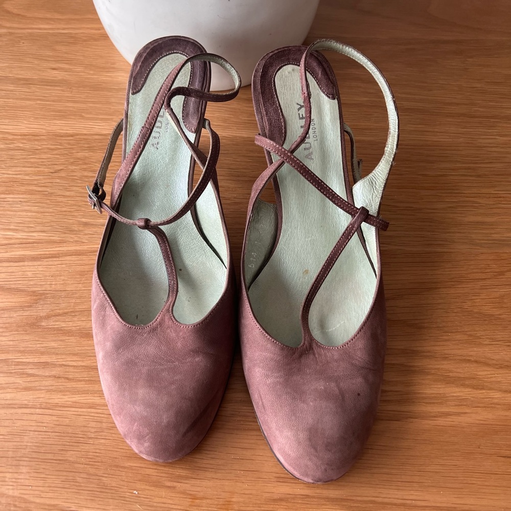 Audley London T-strap Suede Heels in Mauve color